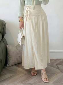 Solavon Women's Solid Color Tie-Waist Elegant Commuter Skirt - Apricot - View 2