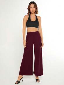SHEIN BASICS 女款純色時尚百搭寬鬆寬腿褲 夏季女裝套裝 - 酒紅色 - 查看 5