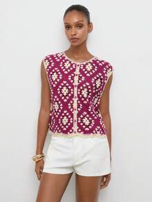 Maija Women's Summer Handmade Crochet Single-Breasted Knit Top Vacation Magenta Retro Casual - Pink - View 10