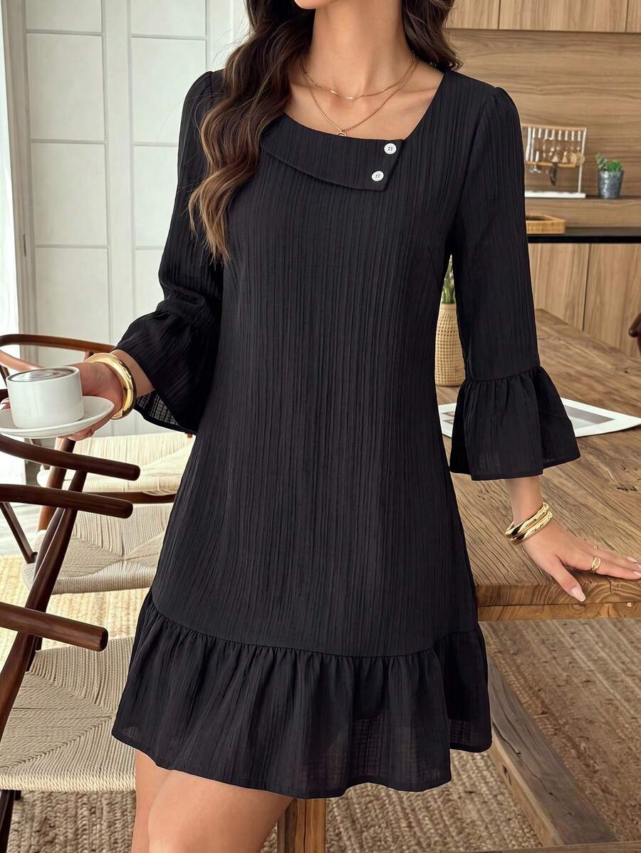 SHEIN LUNE Women's New Autumn Black Vertical Textured Asymmetrical Neckline Dress, 3/4 Ruffle Sleeve, Pearl Button, Loose Fit, Flattering Ruffle Hem Short Dress