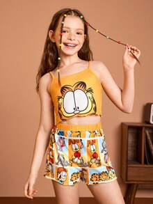 GARFIELD | SHEIN 青少年女孩夏季休閒卡通印花萵苣邊背心上衣和短褲睡衣套裝 - 黃色 - 查看 4