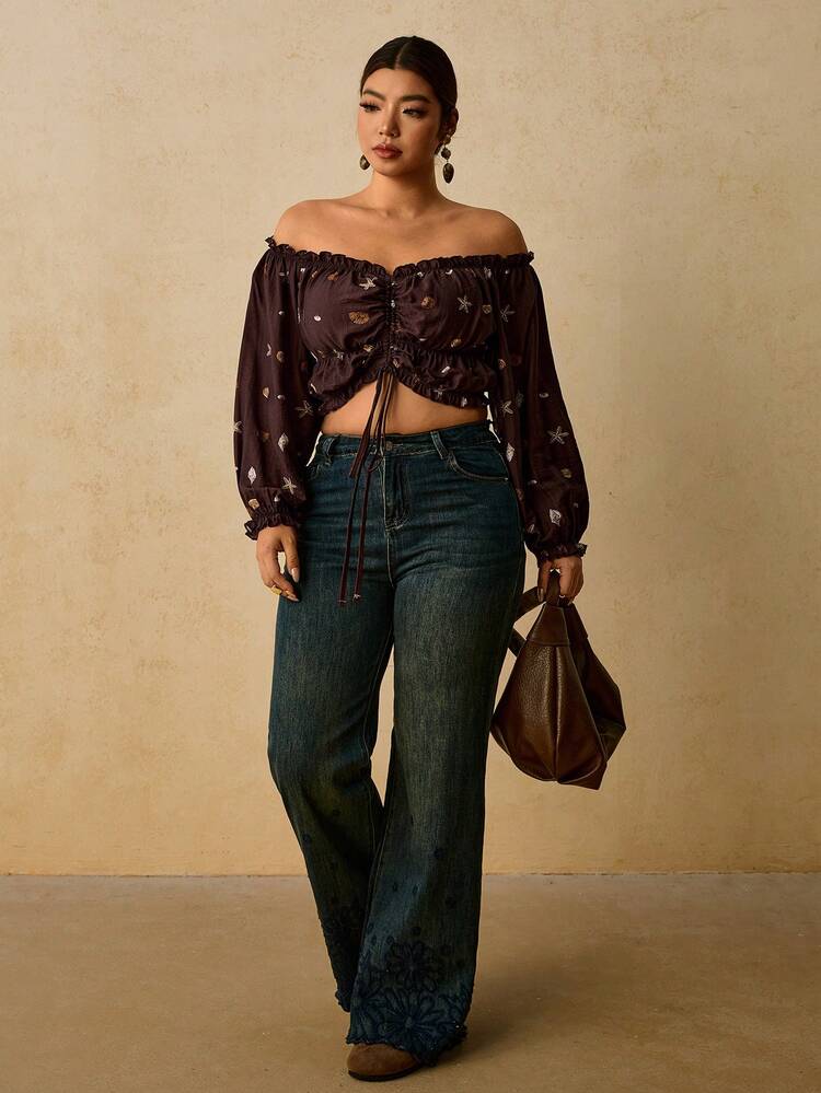 Travachic Plus Size Women's Cold Shoulder Pleated Starfish Shell Print Casual Boho Tropical Everyday Beach Vacation Date Night Formal Blouse Autumn Oil Spill - Brown - View 5