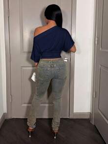 Slaydiva Women Navy One Shoulder Metal Eyelet Batwing Sleeve Top Ruched Waist Cropped Blouse Party Going‑Out Top Holiday - Navy Blue - View 3