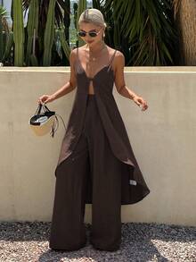DAZY Spring Summer Casual Vacation Style Long Striped Cami Dress & Long Straight Leg Pants Women 2 Pieces Set - Brown - View 5