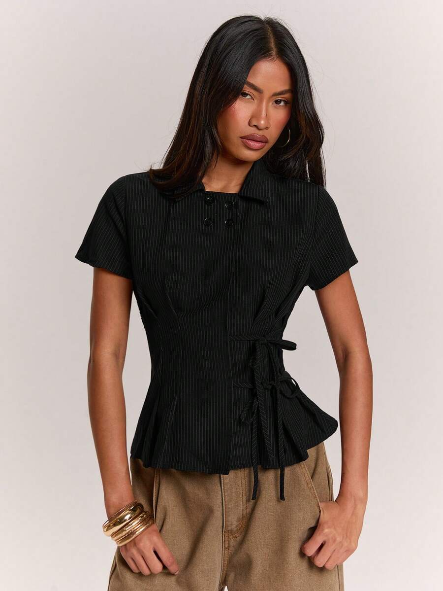 SHEIN BAE 女款條紋短袖側結休閒襯衫 - 黑色 - 查看 1