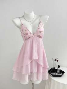 Elamini Summer Casual Cute Vacation Women's Pink Floral Mesh Embroidered Patchwork Rose 3D Flower Decor Backless Spaghetti Strap Puff Multi-Layer Sweet Dress - Pink - View 4