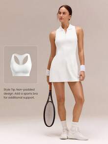 GLOWMODE Fairway Flair Quick-Dry Side Pockets Side-Split Hem Non-Padded Half-Placket Polo Dress With Built-In Shorts Anti-Slip Grips Tennis Golf Pickleball Dai - White - View 5