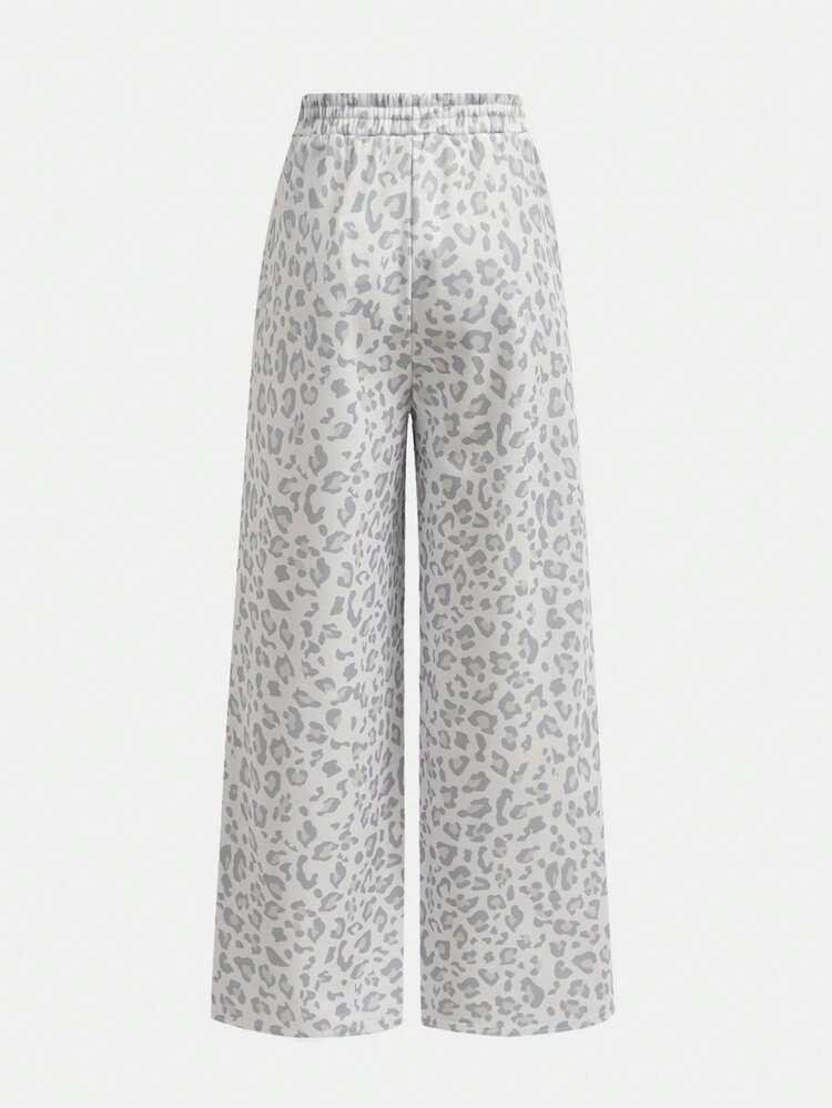 Tween Girl Tween Girls Knit Khaki Loose Casual Versatile Leopard Print Pocket Wide Leg Sweatpants - Khaki - View 2