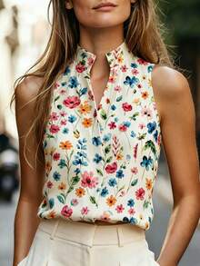 SHEIN Franclia 女款休閒波西米亞優雅無袖白色花卉印花V領上衣背心，波點復古日常早午餐度假夏季花卉風 - 杏色 - 查看 5