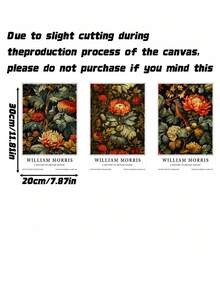 3Pcs William Morris Floral Print Canvas Wall Art – Vintage Botanical Poster Set For Living Room Office Decor, Gift (Unframed) - multicolor - View 3