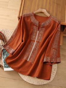 Rusticease 大尺碼女款休閒白色鏤空刺繡襯衫，秋季服飾 - 鏽棕色 - 查看 4