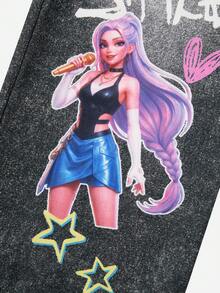 SHEIN 青少年女孩街頭風酷時尚印花星星圖案吊帶褲，適合返校季，春夏季秋季日常穿著個性服飾，女團風格圖案 - 黑色 - 查看 4