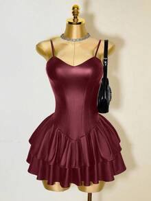 Mistrie Black Outfits Women Sexy Dress PU Asymmetric Cup Corset Waist Cake Ruffle Hem Dress - Burgundy - View 4