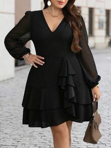 Velvienne Black Deep V-Neck Chiffon Puff Sleeve Ruffle Short Dress, High Waist Ultra Short A-Line Mini Dress, Asymmetrical Multi-Layer Ruffle Structure: Side Waist 3D Stacked Large Wave Pleats, Asymmetrical Staggered Ruffle Hem, Layered Lace Dynamic And Flowing, Enhances Hips And Lengthens Legs Visually. Plus Size Dress - Black - View 3