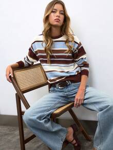 Nöista Stripe Knit Sweater In Brown, Blue & Cream With Crew Neck. Casual, Layering, College, Campus, Everyday, Fall Winter, Back To School, Soft Knit. - Coffee Brown - View 3
