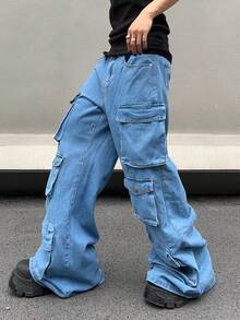 Manfinity EMRG Men's Wide Leg Flare Cargo Denim Jeans - Blue - View 3