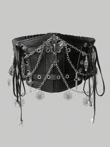 ROMWE Goth 1 件女式哥特式黑色蕾丝十字链骷髅装饰弹性腰带连衣裙配饰，万圣节服装 - 黑色 - 查看 1