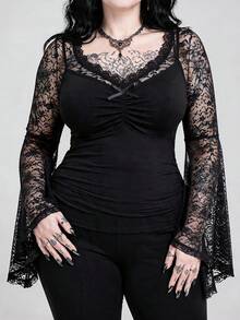 ROMWE Summer Outfits Goth Beach Vacation Lace Patchwork Fitted Ruched Design Flare Sleeve Plus Size Women's Top - Black - View 1