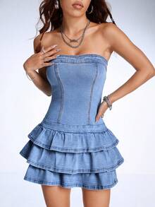 SHEIN ICON 无肩带纯色牛仔迷你连衣裙，层叠下摆，打造时尚柔美造型，女式牛仔连衣裙，牛仔连衣裙 - 中等水洗藍 - 查看 4