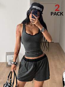 Coolane 2 Stücke Damen Lässig & Romantisch Gestreiftes Crop Top und Shorts Set - Verschiedenfarbig - Übersicht 5