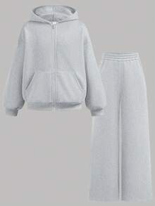 SHEIN 兒童青少年女孩休閒運動純色拉鍊連帽衛衣褲套裝 機場度假風 淺灰色 秋季 - 灰色 - 查看 12