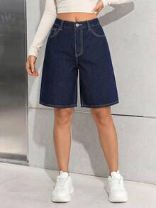 SHEIN 青少年女孩時尚返校街頭風混搭百搭設計 Y2K 復古酷街 2000s 復古水洗男友風寬鬆牛仔寬腿短褲，秋季返校街頭風日常穿搭 春夏電音節慶 - 藍色 - 查看 5