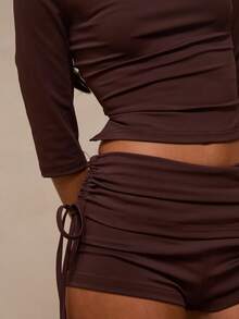 Glamine Women's Solid Chocolate Brown Ribbed Knit Two Piece Outfit, Minimal Y2K Off Shoulder Top With Double Side Drawstring Ruched Shorts Graduation Season. - Brown - View 10