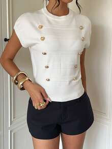 Aloruh Women's Autumn/Winter Pullover Napoleon Style Metal Decor Textured Knit Sweater Vest - Apricot - View 3