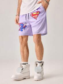 Strevion SUPERMAN 男士休闲印花沙滩短裤 - 紫色 - 查看 3
