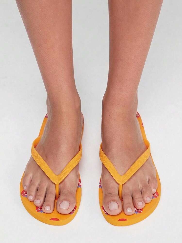 Grefit Women Shoes Summer Print, Rainbow Flower Flip-Flops Women Summer Wear Soft Bottom Cartoon Foot Sandals - Yellow - View 2
