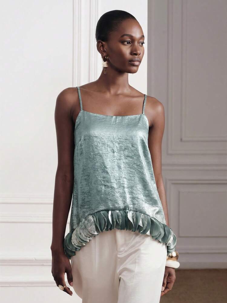 Aveloria Modichic Women's Top Loose A-Line Metallic Luster Spaghetti Strap Petal Ruffle Hem Elegant Sexy Party Night Out Cocktail Date Light Teal Solid New Year Summer - Blue - View 6