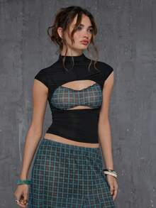 COUREZ Sheer Short Sleeve Top Fitted Cut Out With Mesh Under Layer / Y2K Summer Outfits For Women Black Cut Out Tops Going Out Outfits Rave Club Outfits Fall - Coffee Brown - View 6