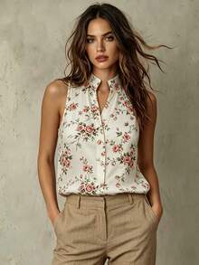 SHEIN Franclia 女款休閒優雅浪漫無袖粉白印花V領襯衫上衣背心 波點復古 日常聚會早午餐 夏季度假 - 杏色 - 查看 1