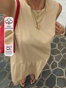 Dazy Plus 大尺碼女款圓領純白色休閒度假風長洋裝，春夏款 - 卡其色 - 查看 4