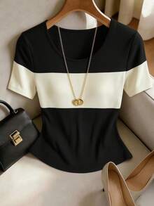 GlowEve CURVE Plus Size Women's Casual Fitted Short Sleeve Contrast Color Patchwork Ribbed T-Shirt, Black And Apricot Top, Spring Summer Top, Beach, Elegant Party Top, Casual Top, Wedding Guest Top, Vacation, Graduation Top, Birthday Top, Summer Holiday, Office Commuter Wear, Country Style - Black - View 5