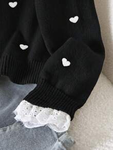 SHEIN Tween Girl Patchwork Embroidered Stand Collar Long Sleeve Heart Pattern Sweater - Black - View 5