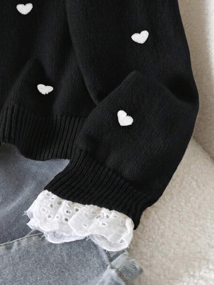 SHEIN Tween Girl Patchwork Embroidered Stand Collar Long Sleeve Heart Pattern Sweater - Black - View 5