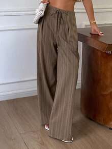 Livesso Women's High Waist Brown Striped Vertical Tie Waist Loose Straight Leg Wide Leg Casual Long Pants Autumn Office Business - Coffee Brown - View 1