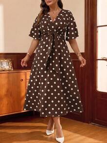 Auvina Plus Size Women's Elegant Daily Wear V-Neck Ruffle Short Sleeve Tie-Waist A-Line Maxi Dress - Coffee Brown - View 1