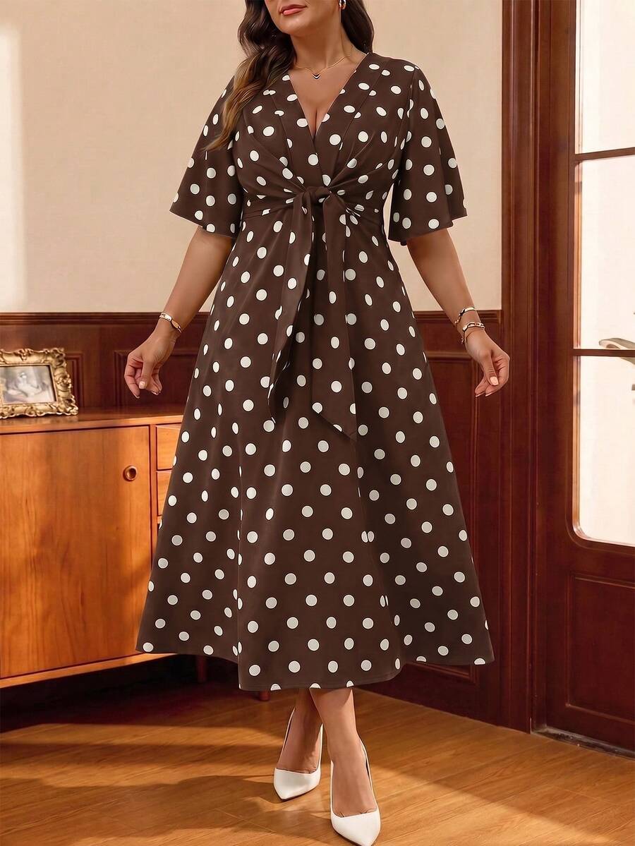 Auvina Plus Size Women's Elegant Daily Wear V-Neck Ruffle Short Sleeve Tie-Waist A-Line Maxi Dress - Coffee Brown - View 1