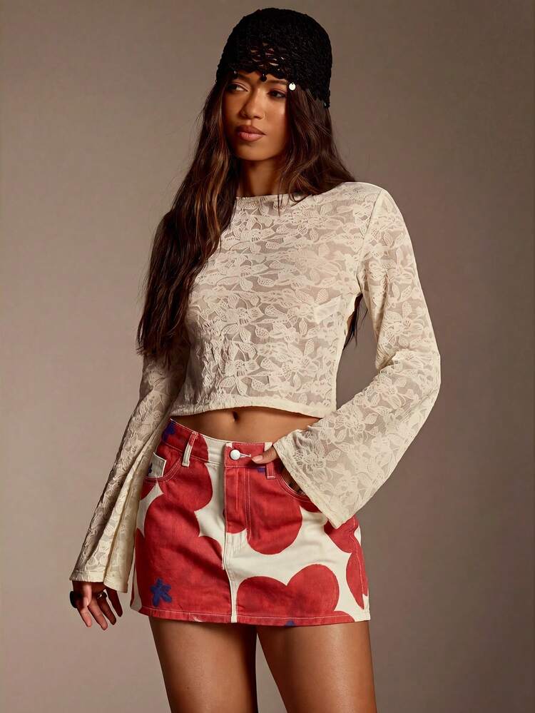 Athîral Denim 女款性感花卉印花鈕扣口袋牛仔迷你裙 - 紅色 - 查看 3