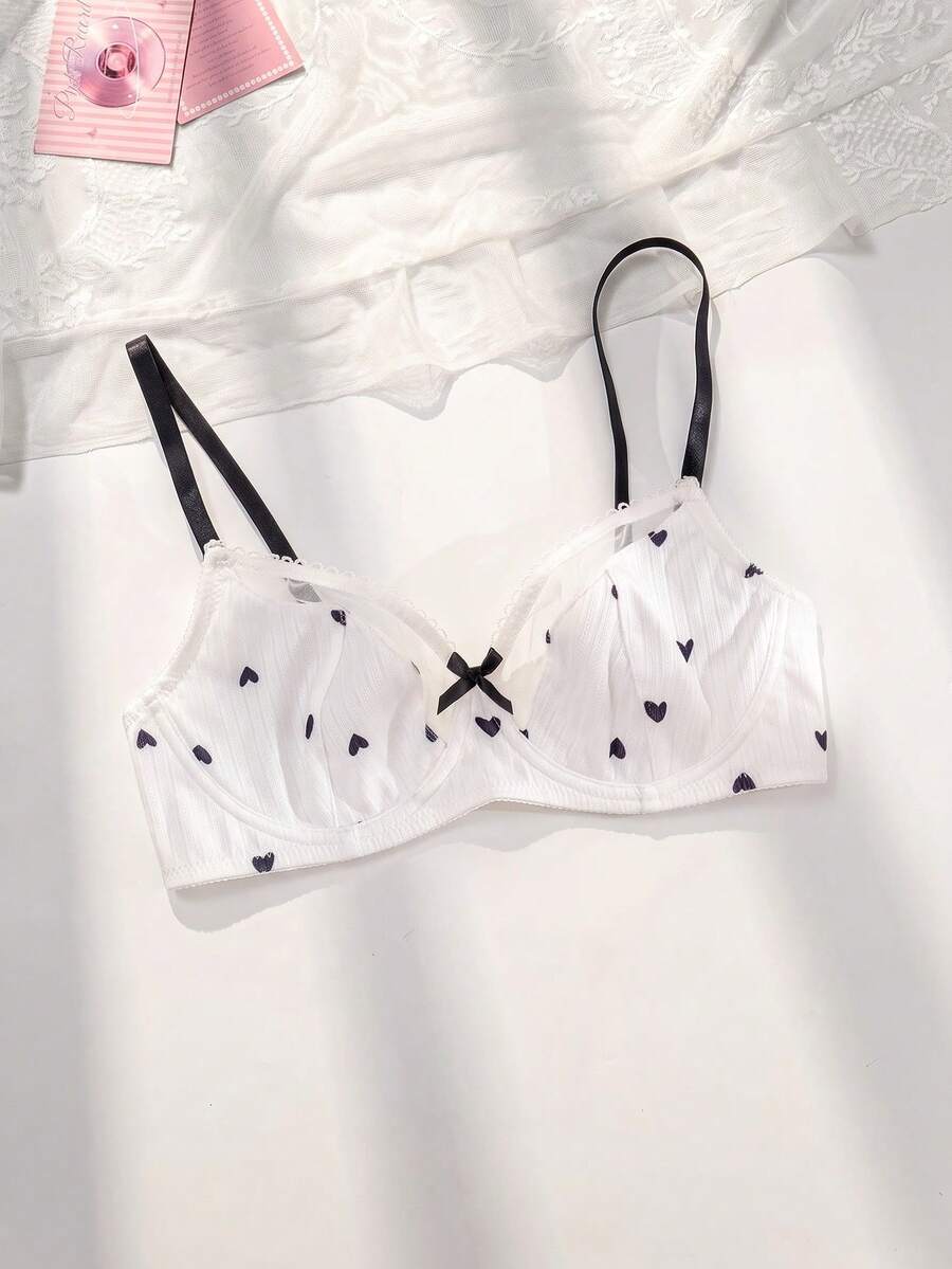 PetitDoll 女士蝴蝶结装饰纯色拼布休闲内衣文胸,可爱 - 白色 - 查看 1