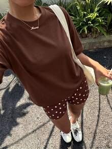 Veykashi 大尺碼女款純色短袖上衣與波點短褲休閒日常兩件套 - 彩色 - 查看 1