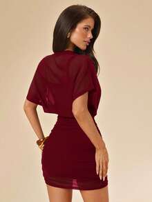 SHEIN BAE Spring/Summer Solid Black Sexy Sheer Ruched T-Shirt Mini Dress, Fitted Bodycon Party Cocktail Evening Nightclub Outfit, Short Sleeve High Neck Draped Design, Women's Spring/Summer Wear - Burgundy - View 2