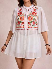 Freevana Women's Plus Size Pattern Print Short Sleeve Casual Shirt - White - View 6