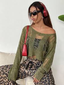 SHEIN EZwear 休閒不對稱破洞女款毛衣 - 軍綠色 - 查看 4