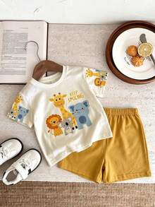 Baby Boy Casual Simple Cartoon Print Round Neck Short Sleeve T-Shirt And Shorts 2pcs Set Suitable For Summer Casaul Versatile - Multicolor - View 5