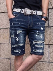 Manfinity EMRG 男士夏季休閒水洗做舊牛仔短褲 - 深色水洗藍 - 查看 4