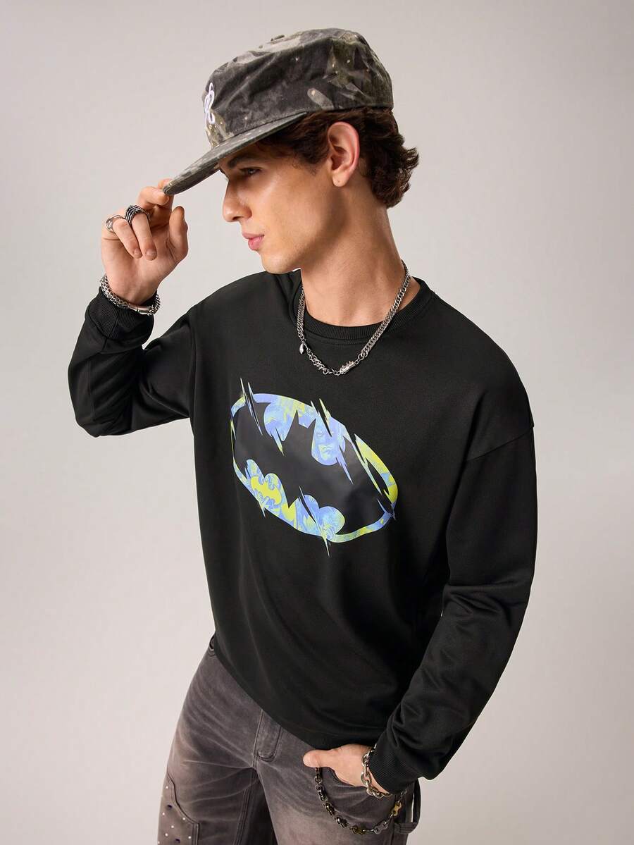 Strevion Men's Casual Batman Logo Print Crew Neck Long Sleeve Sweatshirt, Spring/Autumn - Black - View 1
