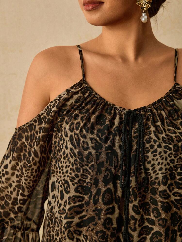 Travachic Plus Size Women's Leopard Print Front Tie Open Shoulder Long Sleeve Fashion Dress Rave Party Chocolate Brown Autumn Boho Sexy 70's - Brown - View 5